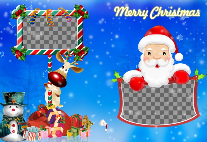 Die emblematische Rudolf und Santa Claus sind zwei Bilderrahmen in diesem Beitrag Weihnachtsgruß blauen Falten enthalten. Erscheint auch Goodie Bag von Santa Claus und Weihnachten Themen und..