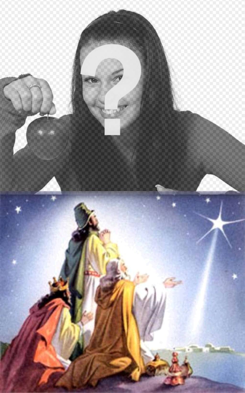 Weihnachtskarte der drei Weisen aus dem Morgenland mit ihren Angeboten kommen nach Bethlehem, nach dem Stern, der das Kind Jesús.Podemos ein Bild von unserer Wahl markiert. Beglückwünscht die Feiertage mit..