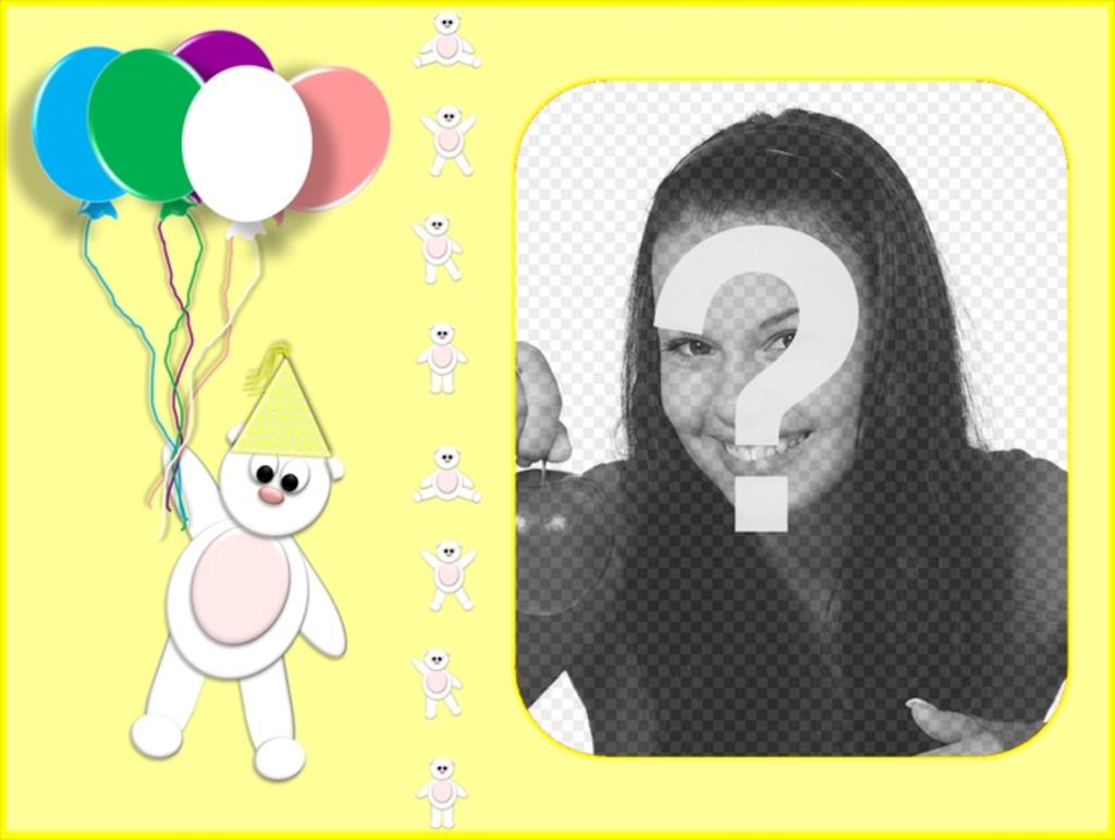 Gelb Geburtstagskarte mit Ihrem Foto mit einem Teddybär und Luftballons..