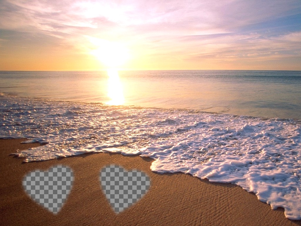 Legen Sie zwei Bilder in den Sand am Strand mit einem Sonnenuntergang im Hintergrund am..