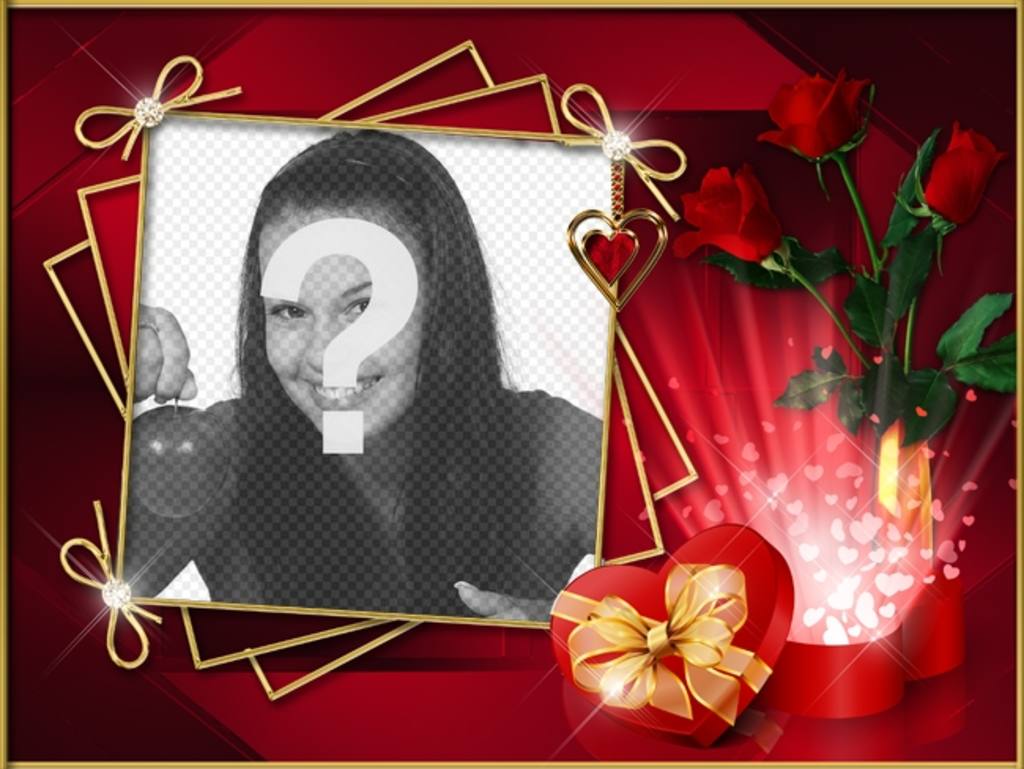 Fotorahmen im eleganten roten Hintergrund mit Rosen und Diamanten. Um Ihr Foto..