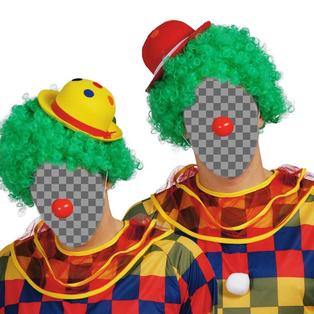 Fotomontage mit zwei kostümierten Clowns mit roter Nase und grüne Perücke Kappe Farben zu Ihrem Gesicht oder einer anderen Person gestellt und fügen Sie Text..