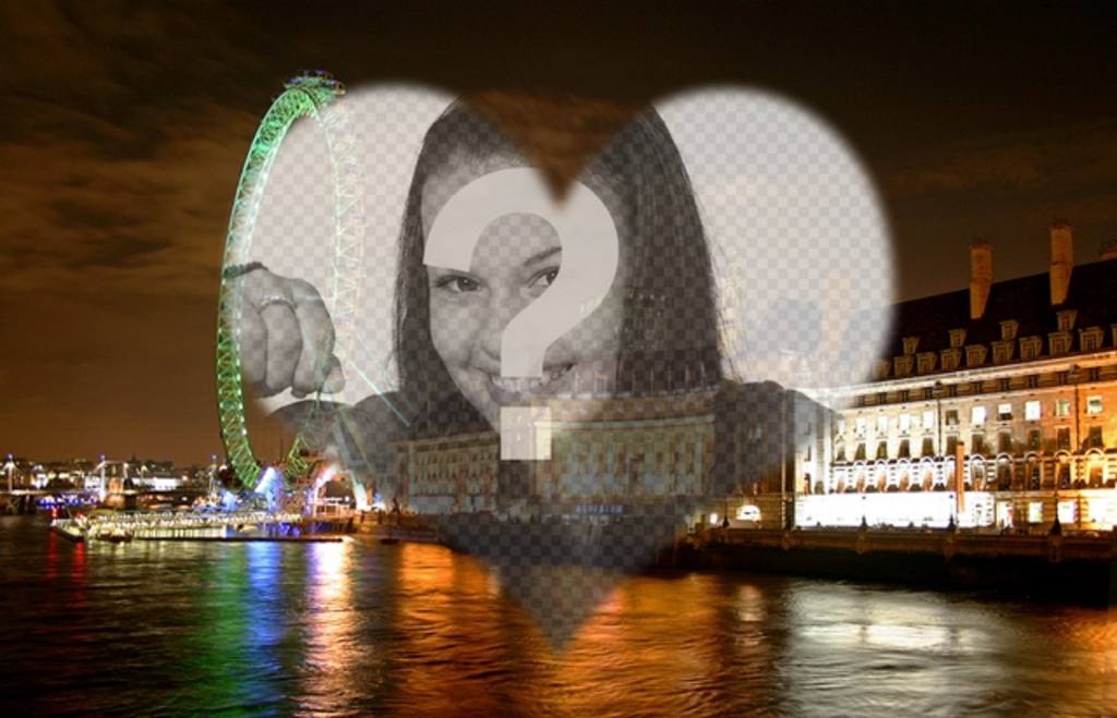Fotomontage der Liebe in London mit dem London Eye und Landschaft förmigen Rahmen Herzen, wo Sie Ihr Foto setzen..