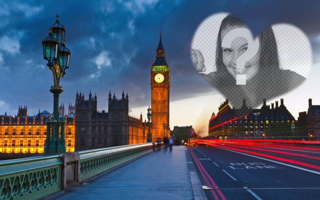 Liebe Fotomontage in London mit dem Big Ben im Hintergrund und einem halbtransparenten Herz das gewünschte Foto zu..