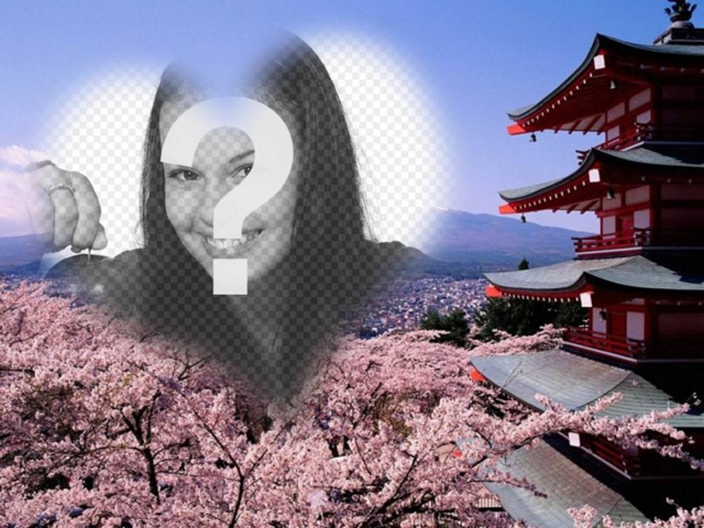 Fotomontage in Fuhiyama Japan mit Mandel-Blumen und einem herzförmigen Rahmen um Ihr Foto..