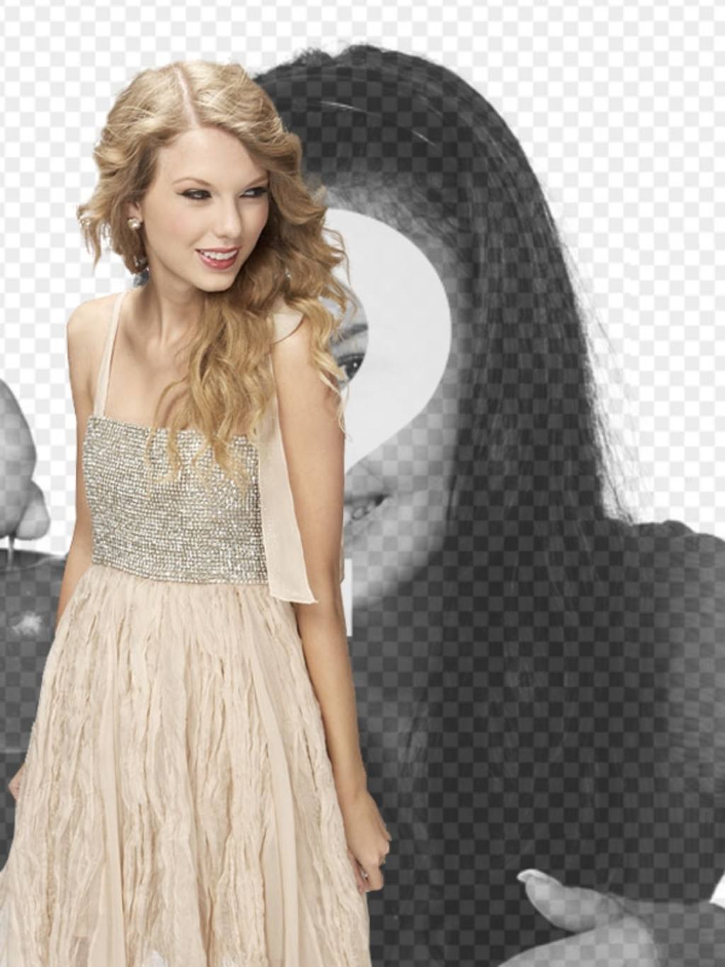 Fotomontage mit Taylor Swift in einem hellen Kleid, mit ihr in einem Foto erscheinen und fertigen Sie mit..