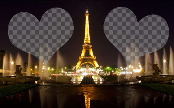 Fotomontage mit dem beleuchteten Eiffelturm in Paris und zwei Herzen, wo Sie Ihre Fotos..