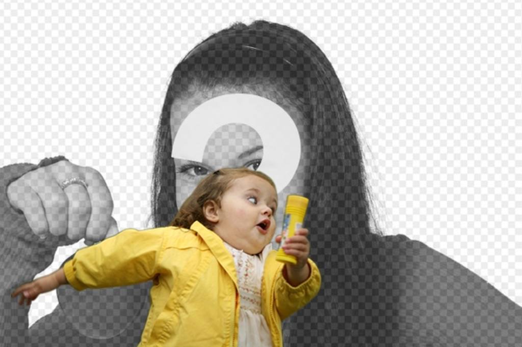 Fotomontage mit der Blase Mädchen im gelben Regenmantel und der modischen meme, wo Sie Ihre Foto und..