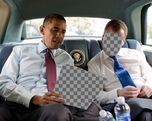 Fotomontage mit Präsident Obama in seinem Auto halten Sie das gewünschte Foto und begleitet von einer anderen Person, die Sie mit Ihrem Gesicht..
