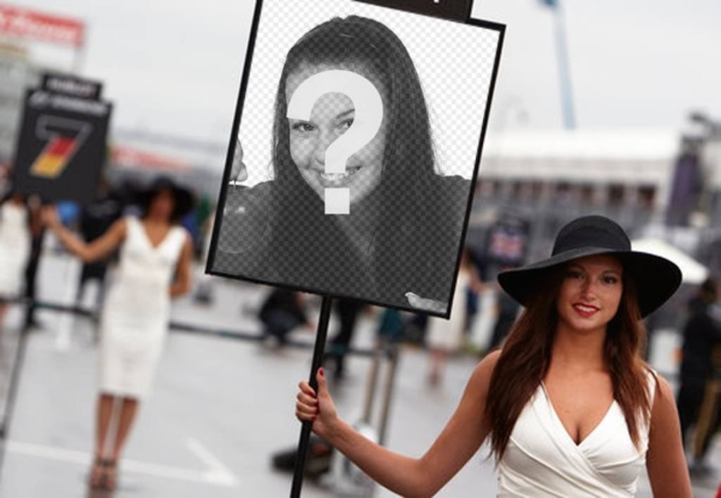 Fotomontage mit einem Foto eines Formula One Mädchen mit einem Schild um Ihr Foto..