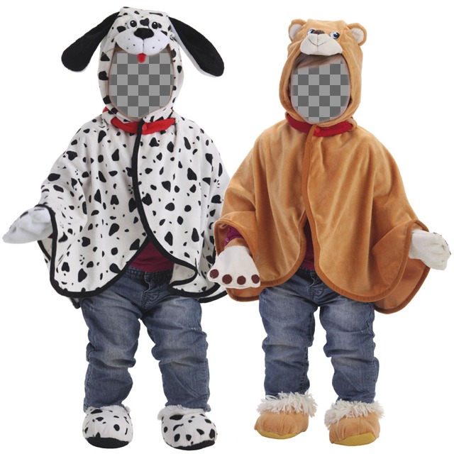 Fotomontage von Zwillingen wie ein Teddybär und ein Dalmatiner gekleidet und mit anderen Gesichtern..