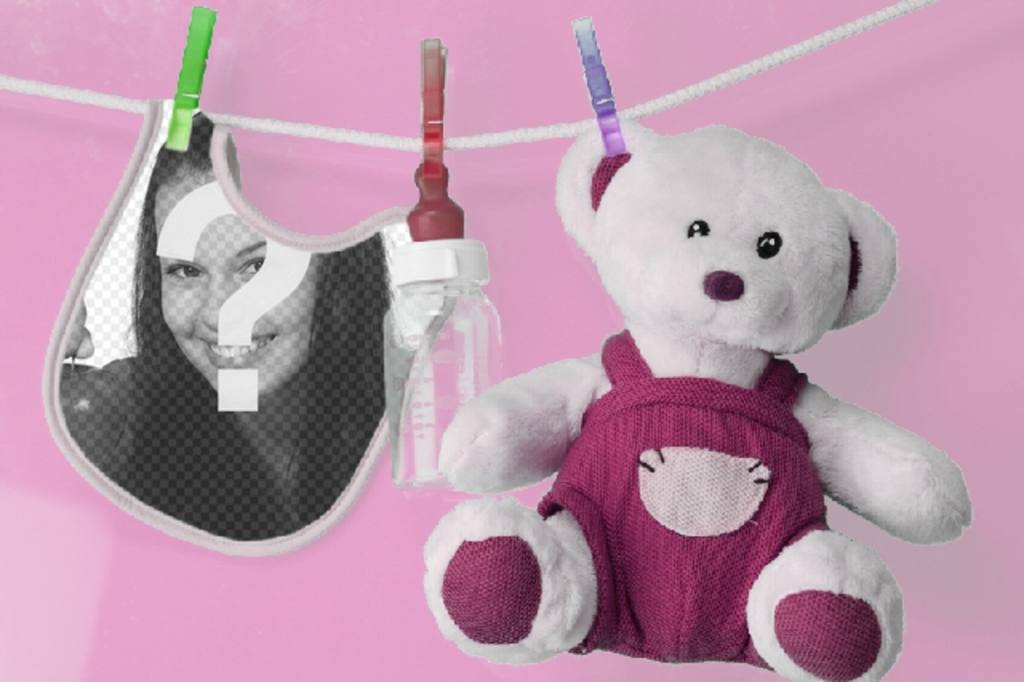 Fotomontage mit Latz und ausgestopfte Soito ein Bild von Ihr Neugeborenes Mädchen mit rosa Hintergrund..