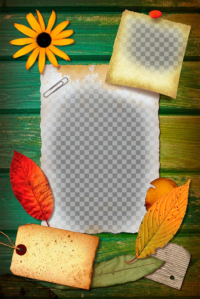 Collage auf 2 Fotos in einigen Blätter auf Holz mit Blumen und Blättern verziert Baum..