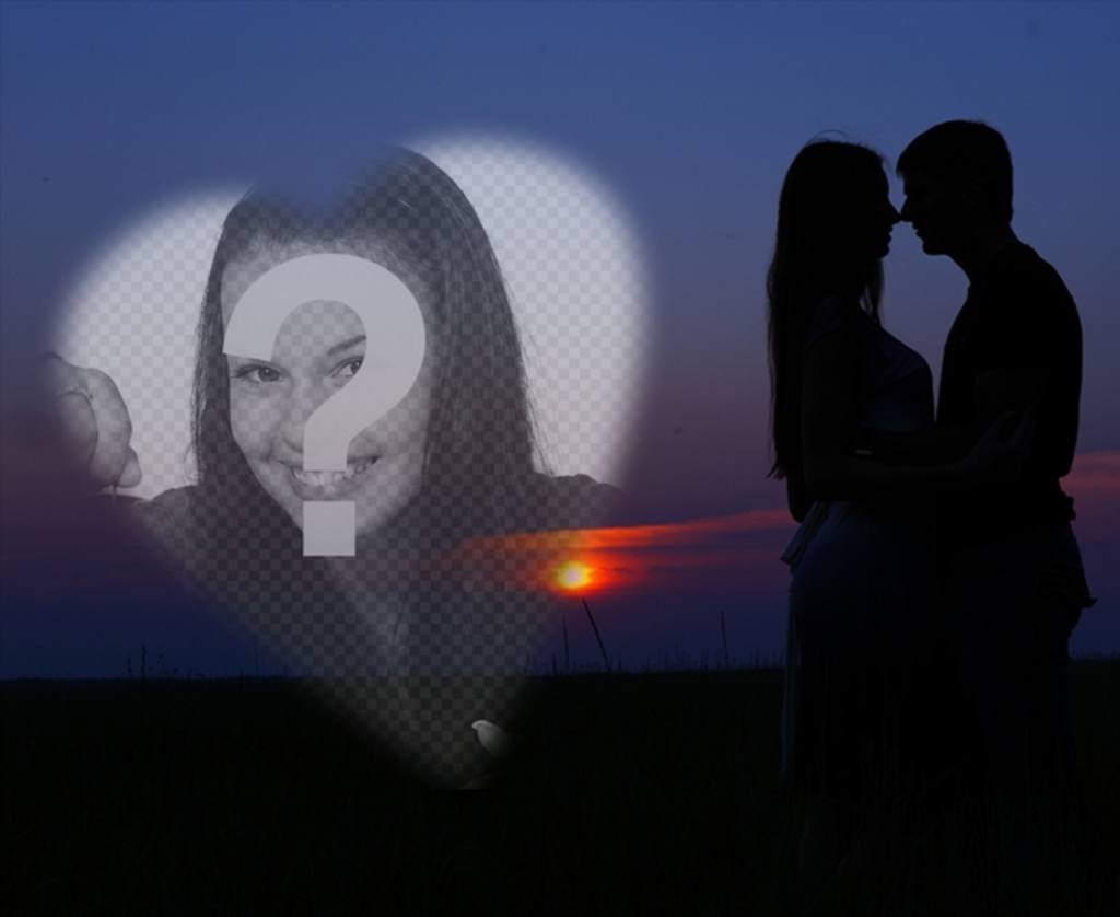 Fotomontage mit einem Paar in der Liebe mit einem Sonnenuntergang im Hintergrund und einem Herzen, um ein romantisches Foto..