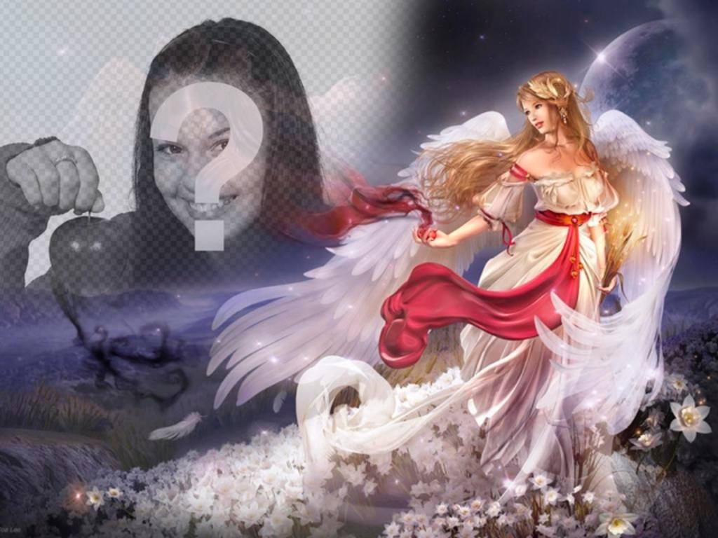 Erstellen Sie eine Collage mit einem Online geflügelte Frau Engel in einer Fantasy-Welt, umgeben von..