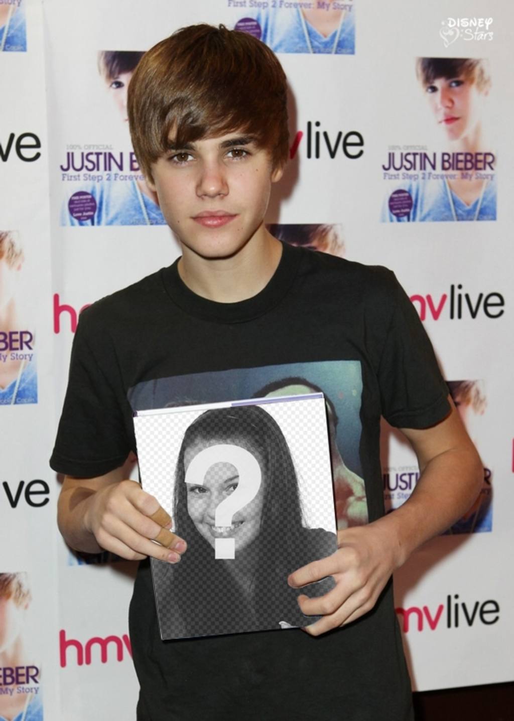Fotomontage auf dem Cover des Buches von Justin Bieber von Justin mit langen Haaren gehalten geschrieben..