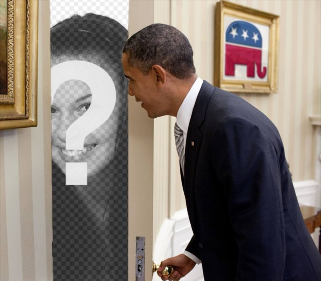 Fotomontage von Barack Obama, in dem Sie Ihr Foto erscheint hinter der Tür, die geöffnet..