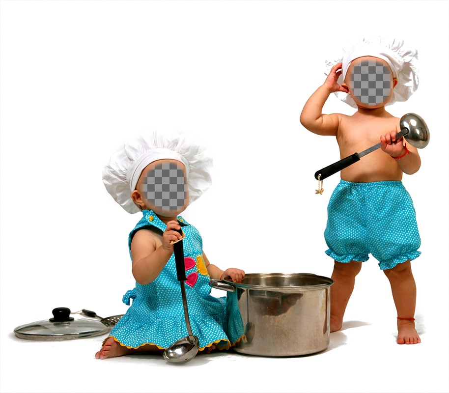 Fotomontage mit zwei Babys gekleidet kochen, um sie Gesicht. ..