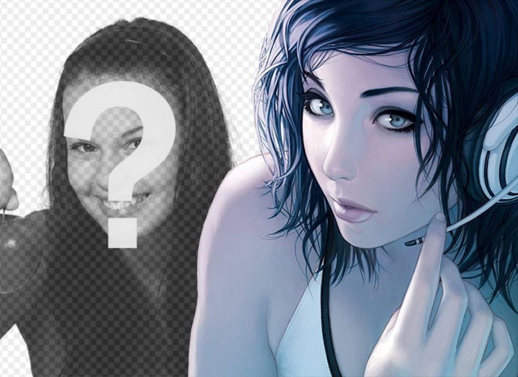 Zeichnung manga girl mit Headset schaut in die Kamera. ..