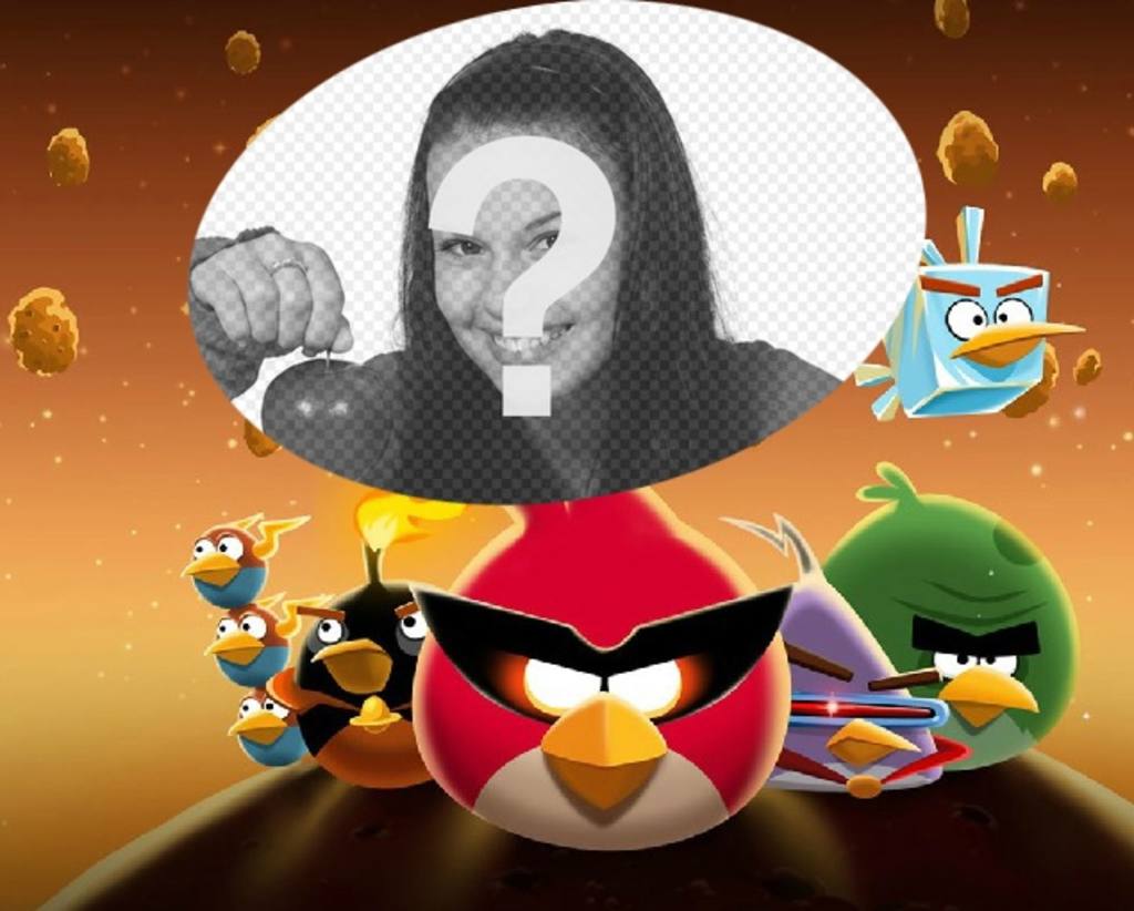 Collage über Angry Birds in Space mit den berühmten Vögel angezogen! Xxx Ihr Lieblingsfoto einfach und kostenlos Setzen Sie in dieser Illustration von Angry Birds..