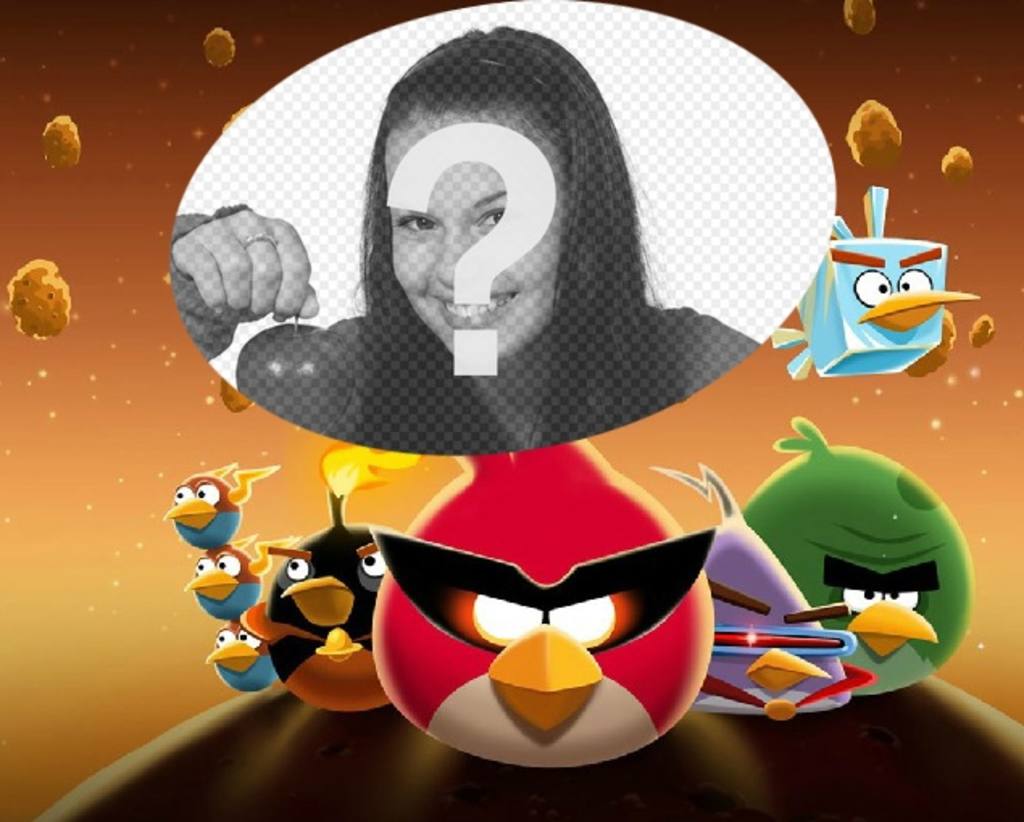 Collage über Angry Birds in Space mit den berühmten Vögel angezogen! Xxx Ihr Lieblingsfoto einfach und kostenlos Setzen Sie in dieser Illustration von Angry Birds..