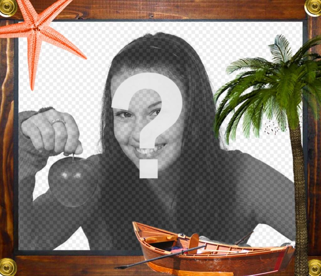 Meer-Rahmen mit Seesterne, einem Boot und einer Palme in Holz gerahmt. ..