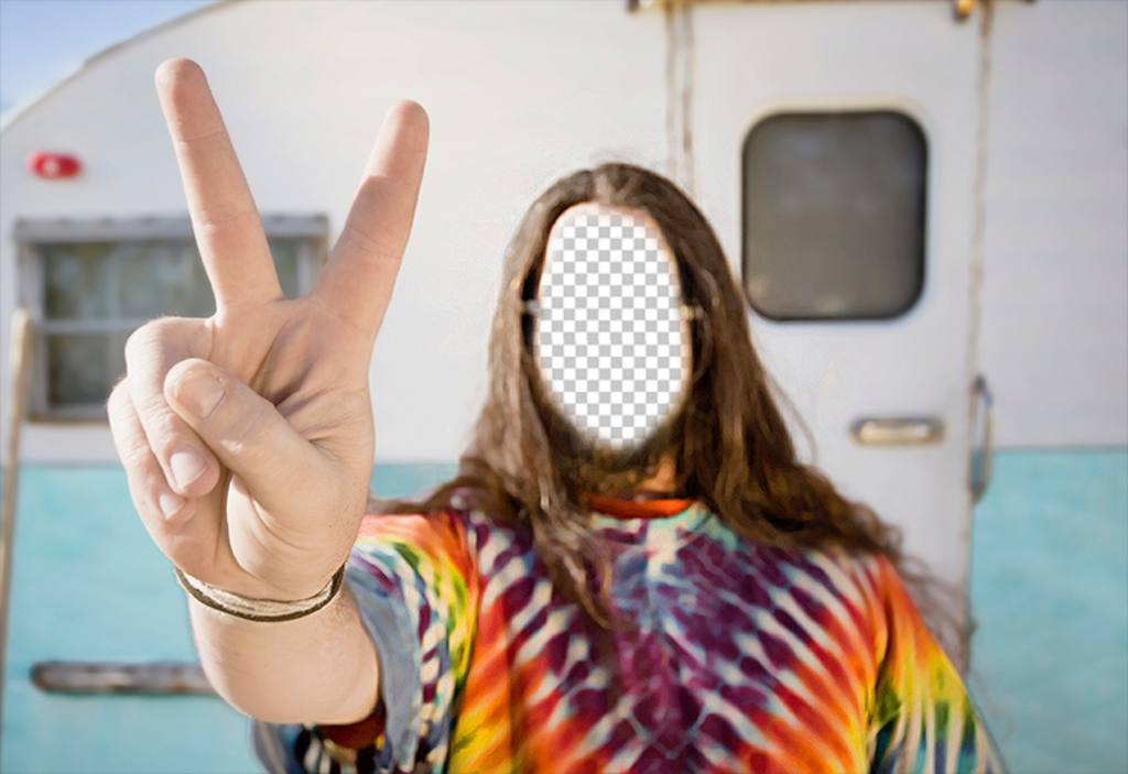 Fotomontage Ihr Gesicht in einem Hippie zu setzen mit einem Wohnwagen. ..