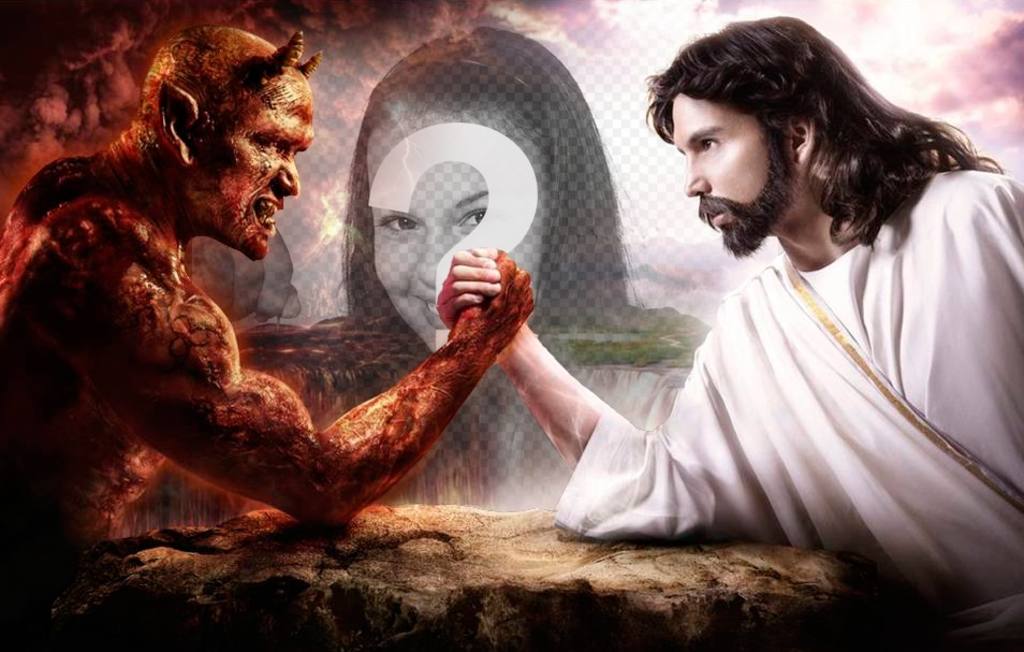 Fotomontage, um das Foto zwischen Gut und Böse gestellt. ..