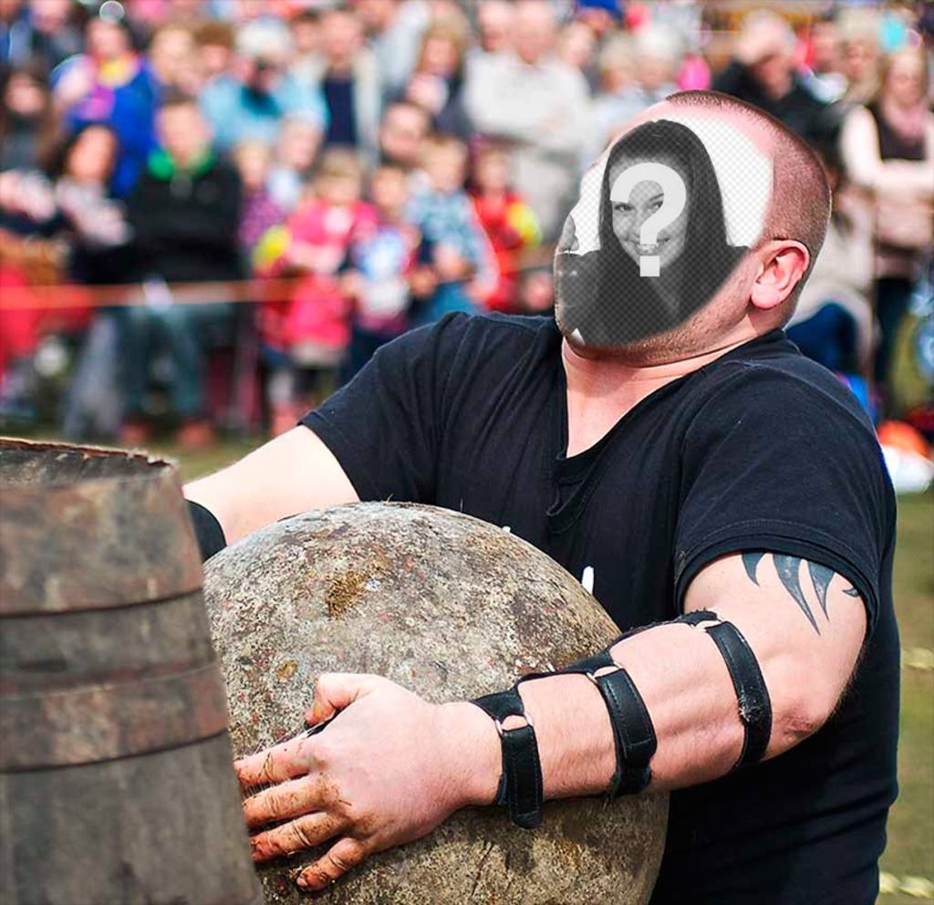 Foto-Montage einer starken Mann mit Basken tut Steinheben. ..