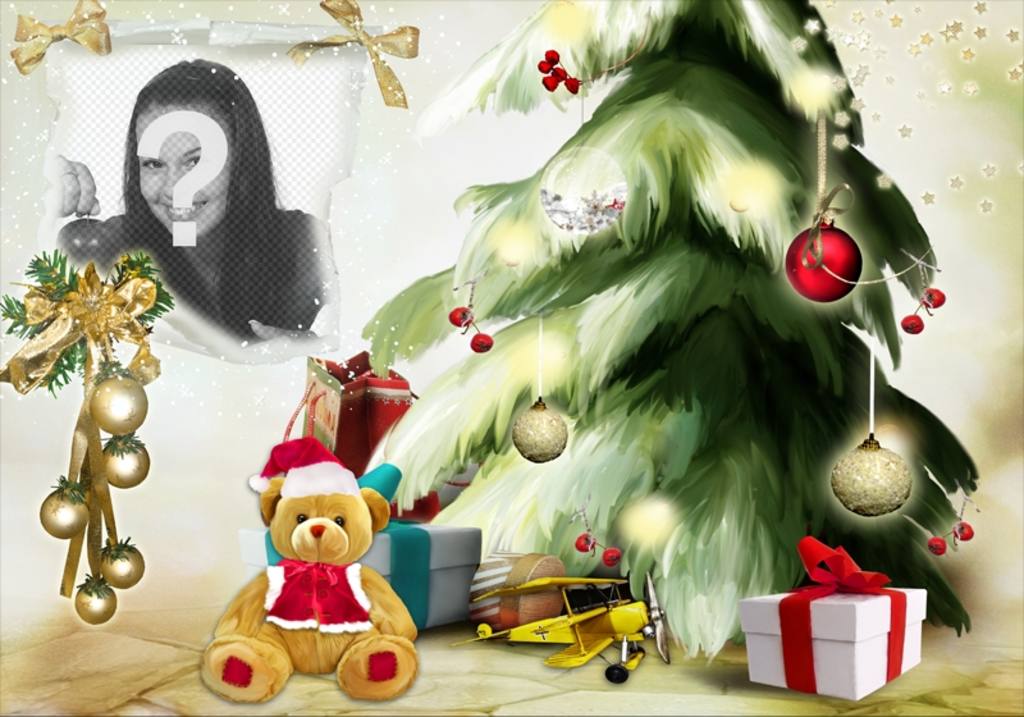 Weihnachtsfotomontage mit einem Weihnachtsbaum und Bär. ..
