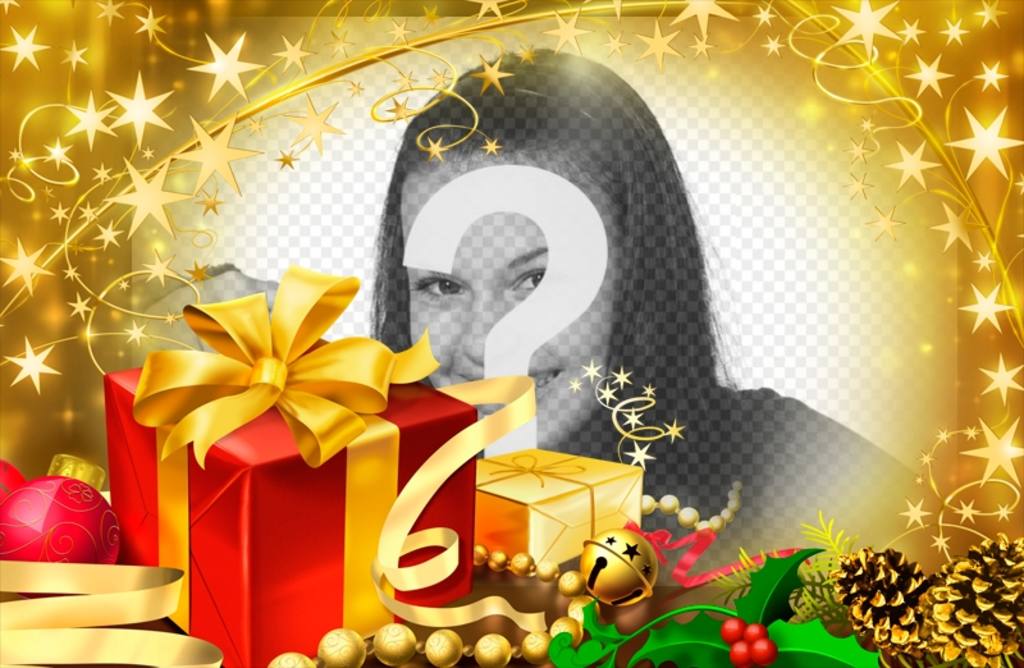 Fotorahmen für Weihnachtsgeschenke und goldene Akzente. ..