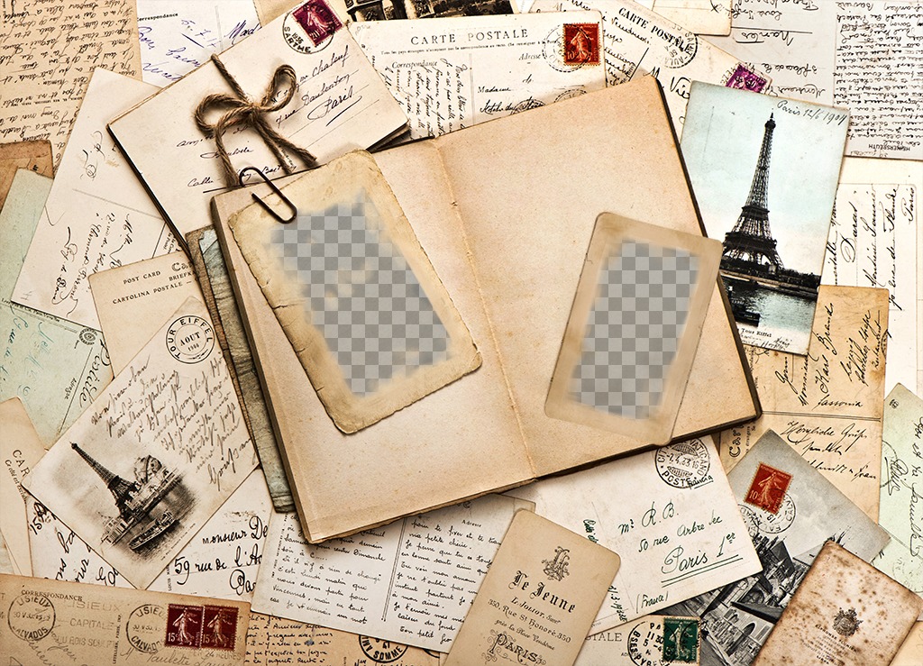 Weinlese-Foto-Effekt aus Buchstaben und ein Tagebuch für 2 Bilder. Fügen Sie zwei Fotos zu dieser Vintage-Foto-Effekt mit vielen Briefe und ein Tagebuch. Teilen Sie diese Collage mit Ihren..
