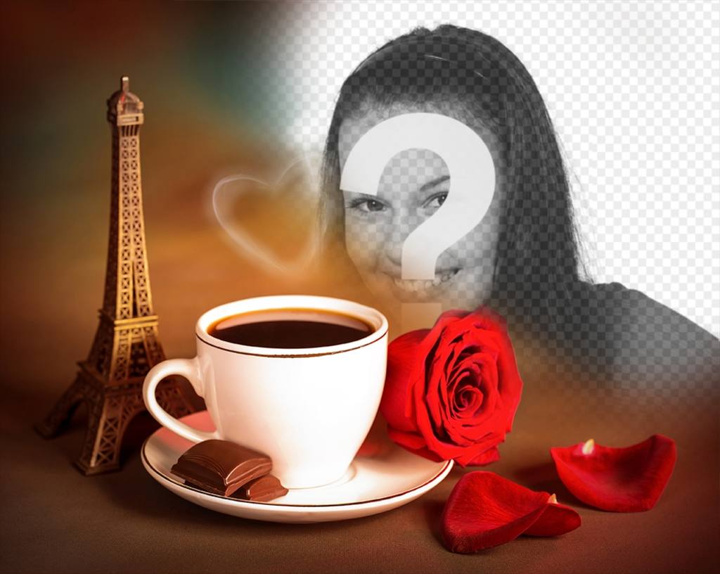 Fotoeffekt der Liebe mit dem Eiffelturm in Paris und einem Kaffee. ..