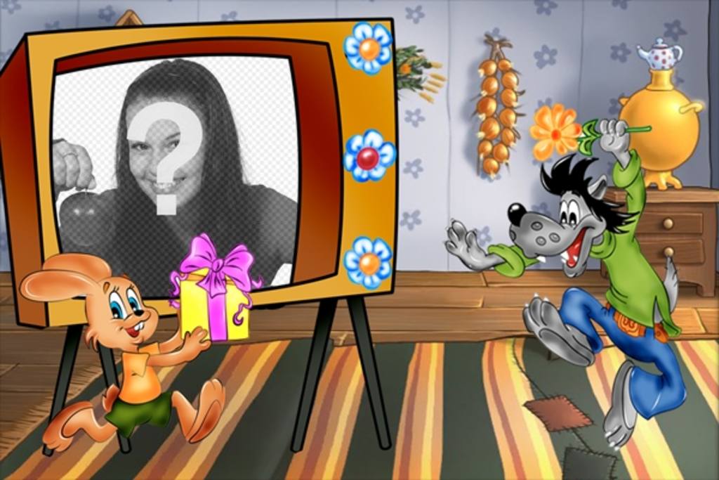 Photo Frame Wolf und Kaninchen Freunden, wo Sie Ihr Foto auf TV förmigen Rahmen setzen..