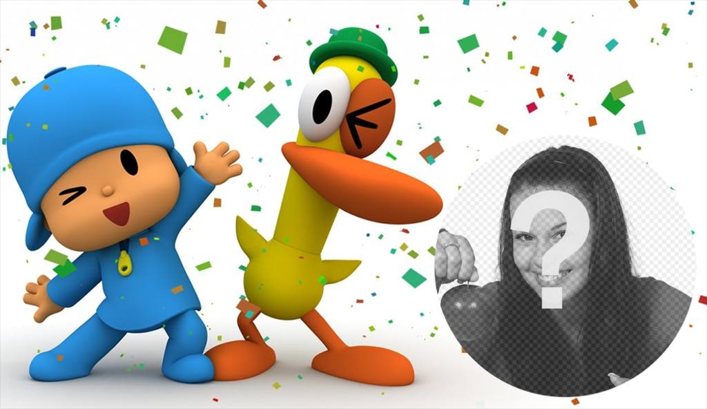 Pocoyo und Ente in einem Spaß-Party, wo Sie Ihr Foto ..