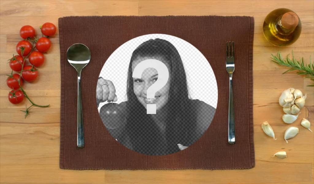 Setzen Sie Ihr Bild in einem Teller mit Essen am Tisch serviert mit dieser Montage ..