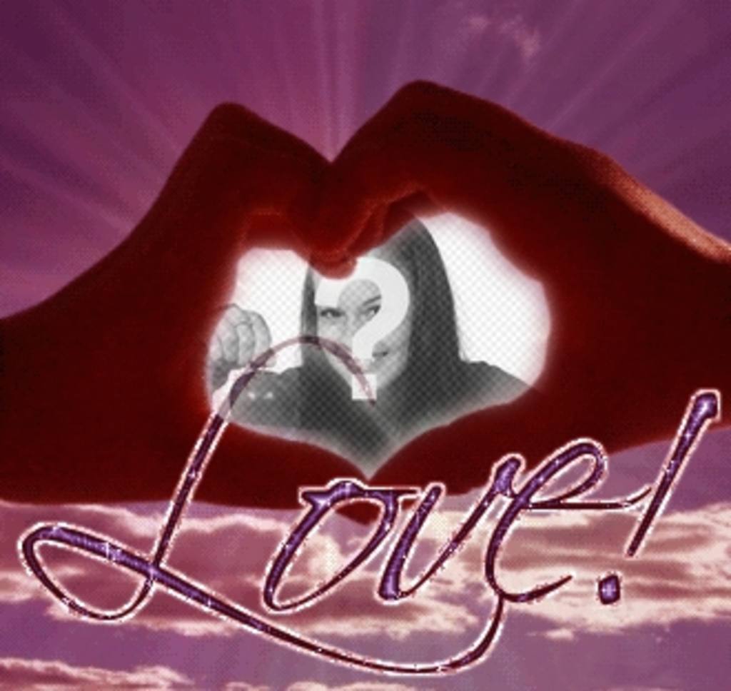 Postal der Liebe mit einem Herz mit den Händen, einen Rahmen für ein Gesicht Schnitt gemacht animiert. ..